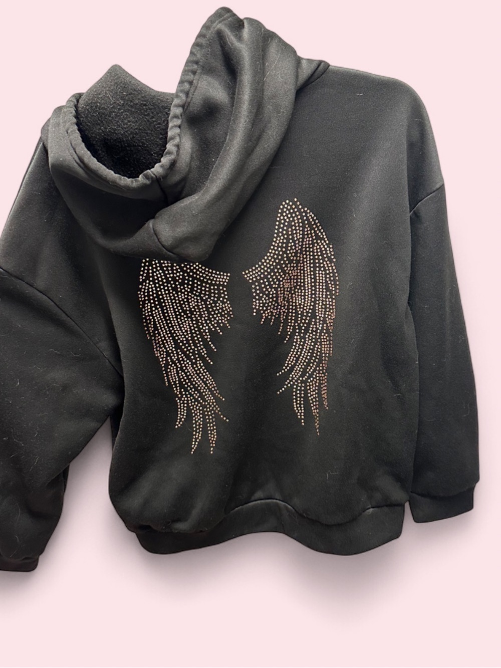 Black Hoodie Sweater with Rhinestone Angel Wings